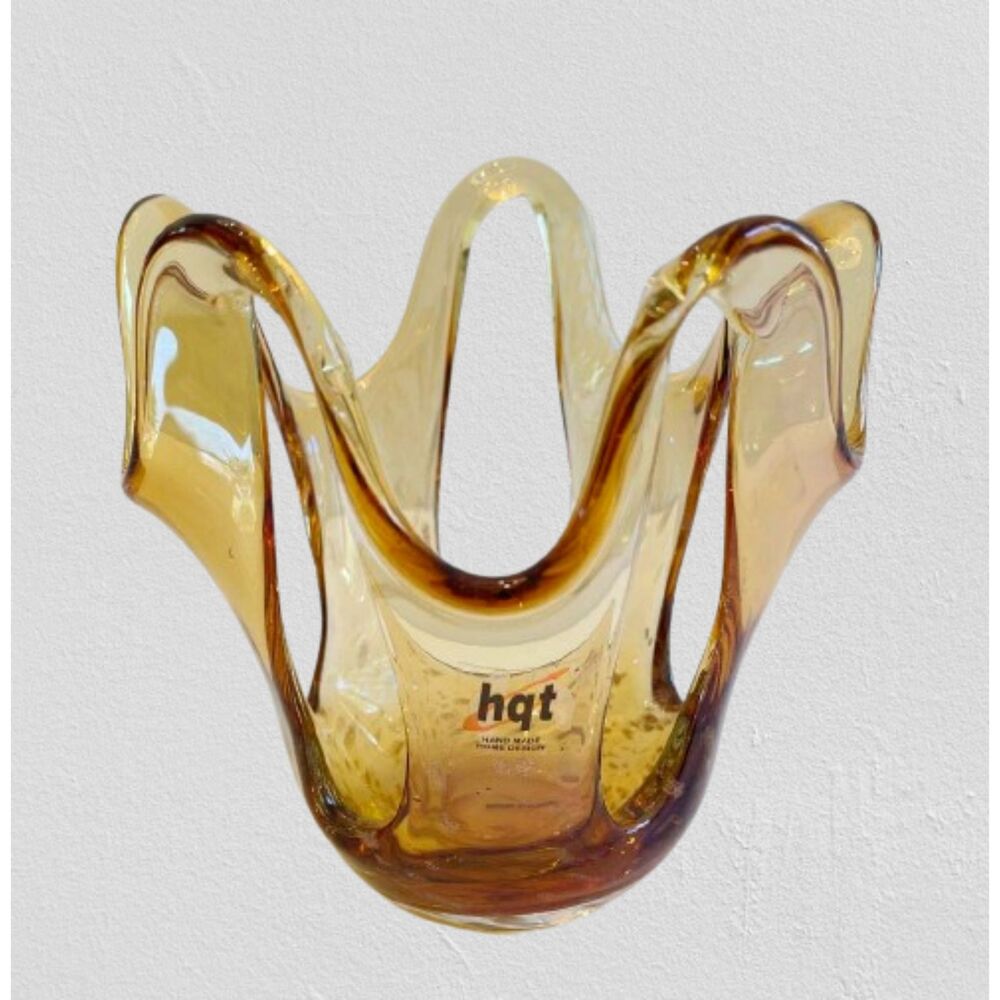 HQT Hand Blown Amber Art Glass Vase Candle Holder Decorative Cut Out Design